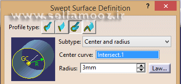 دستور Sweep و پنجره Swept Surface Definition