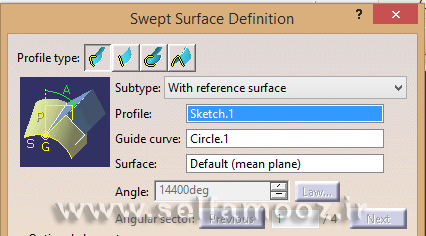 دستور Sweep و پنجره Swept Surface Definition