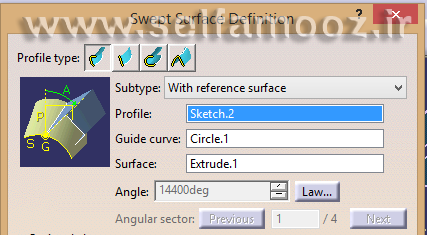 دستور Sweep و پنجره Swept Surface Definition