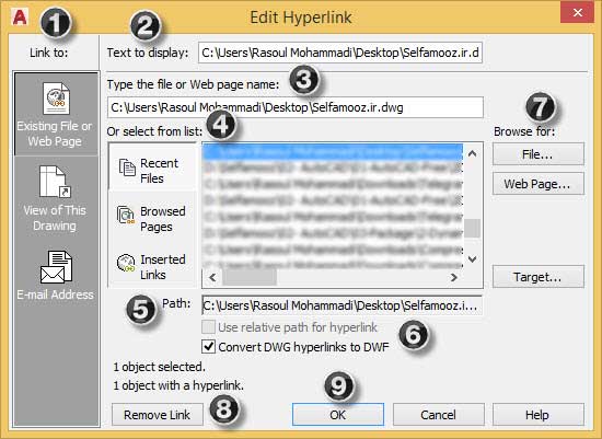 پنجره Edit Hyperlink در اتوکد
