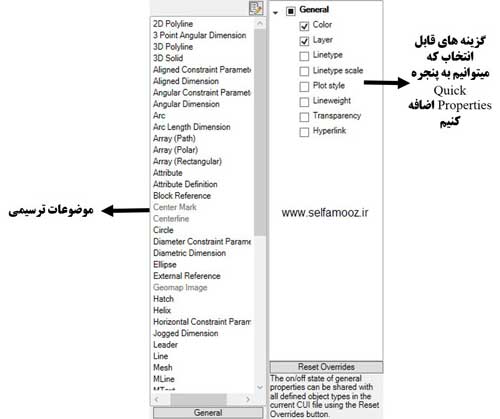 انتخاب گزینه های Quick Property