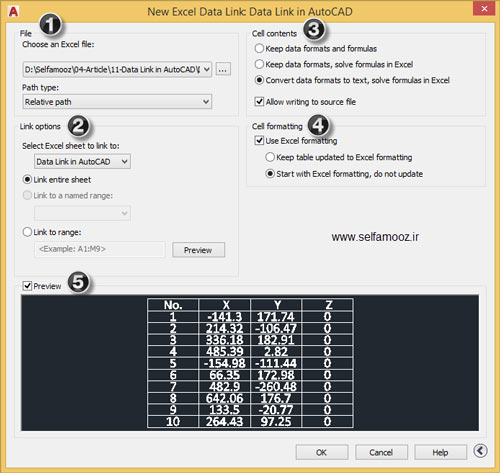 پنجره New Excel Data Link در اتوکد