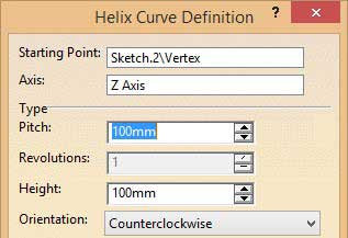 پنجره Helix Curve Definition در کتیا