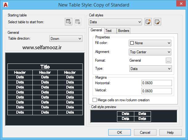 پنجره New Table Style در ویرایش جدول در اتوکد