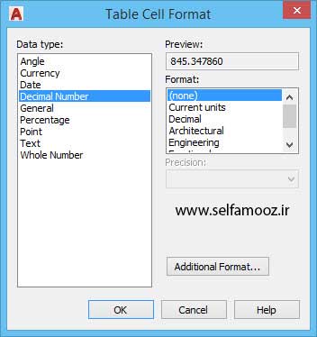 پنجره Table Cell Format در ویرایش جدول در اتوکد