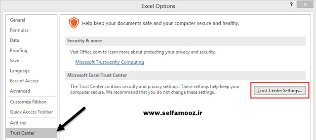 پنجره Excel Options