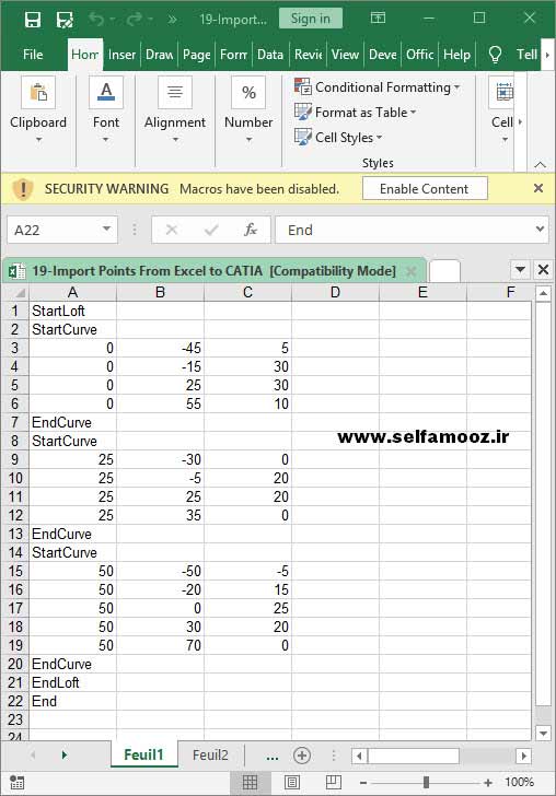 فایل اکسل برای وارد کردن نقاط به کتیا