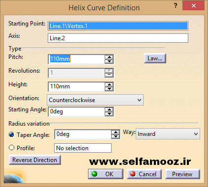 ترسیم مارپیچ و پنجره Helix Curve Definition