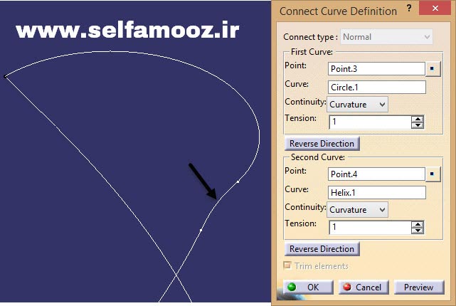 دستور Connect Curve و پنجره Connect Curve Definition