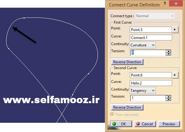 دستور Connect Curve و پنجره Connect Curve Definition