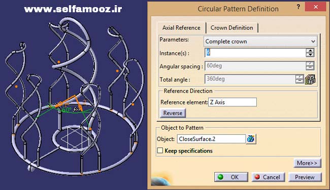 دستور Circular Pattern و پنجره Circular Pattern Definition